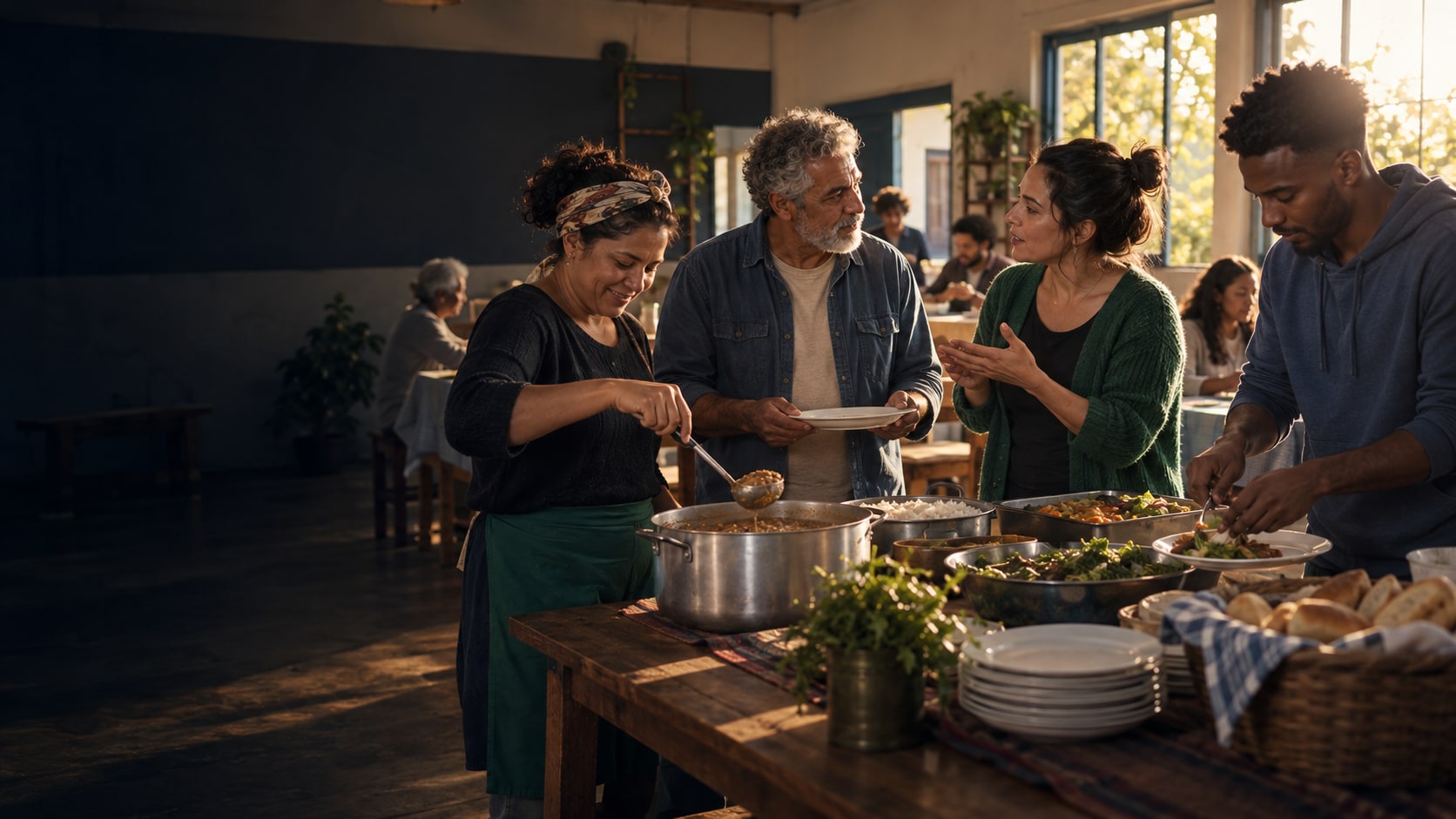 Pessoas preparando uma refeição comunitária e conversando