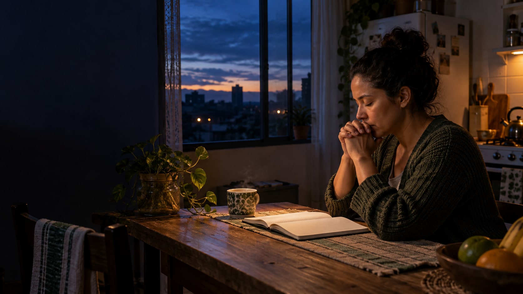 Mulher em oração e reflexão diante de um caderno