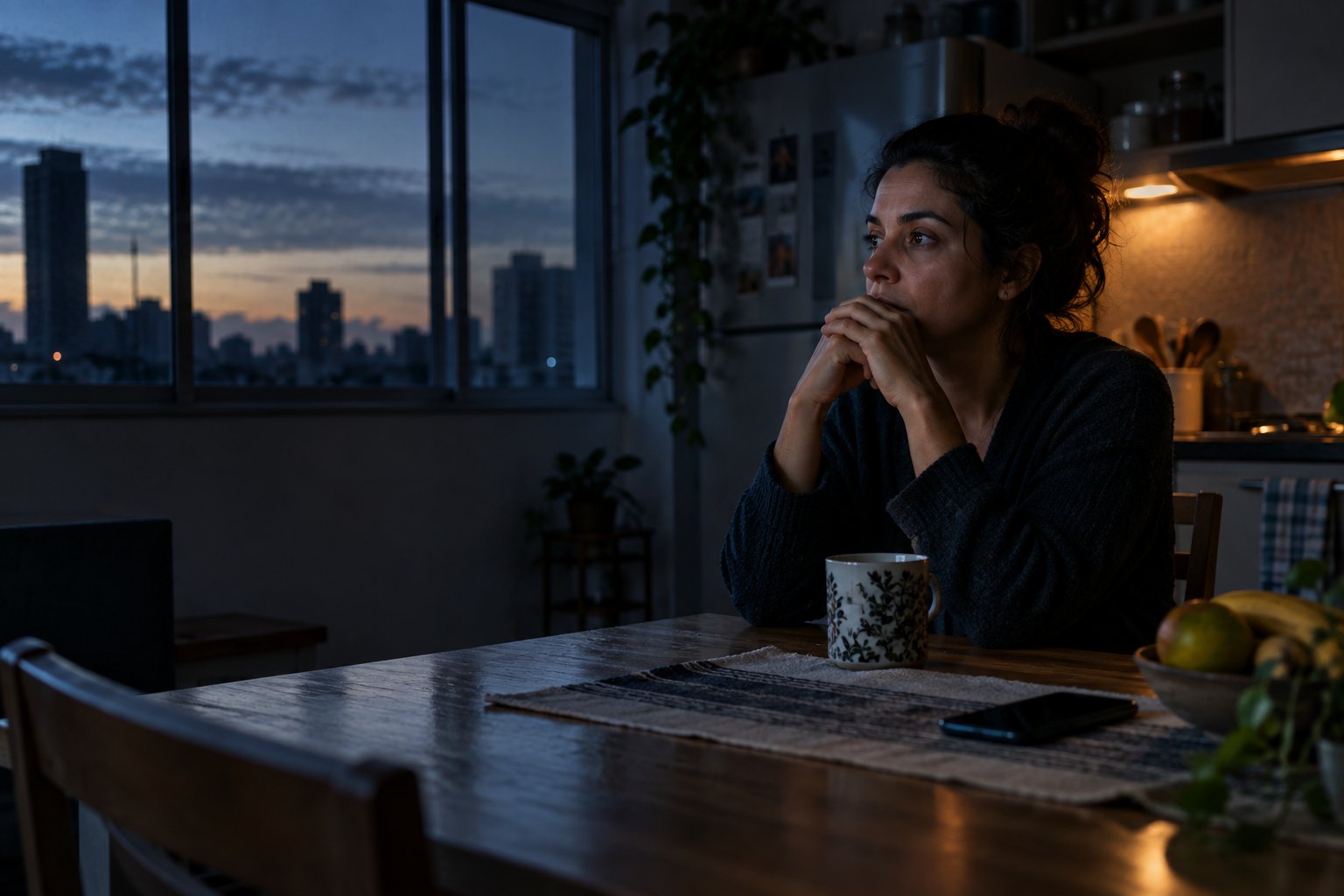 Mulher acordada antes do amanhecer demonstrando tensão silenciosa