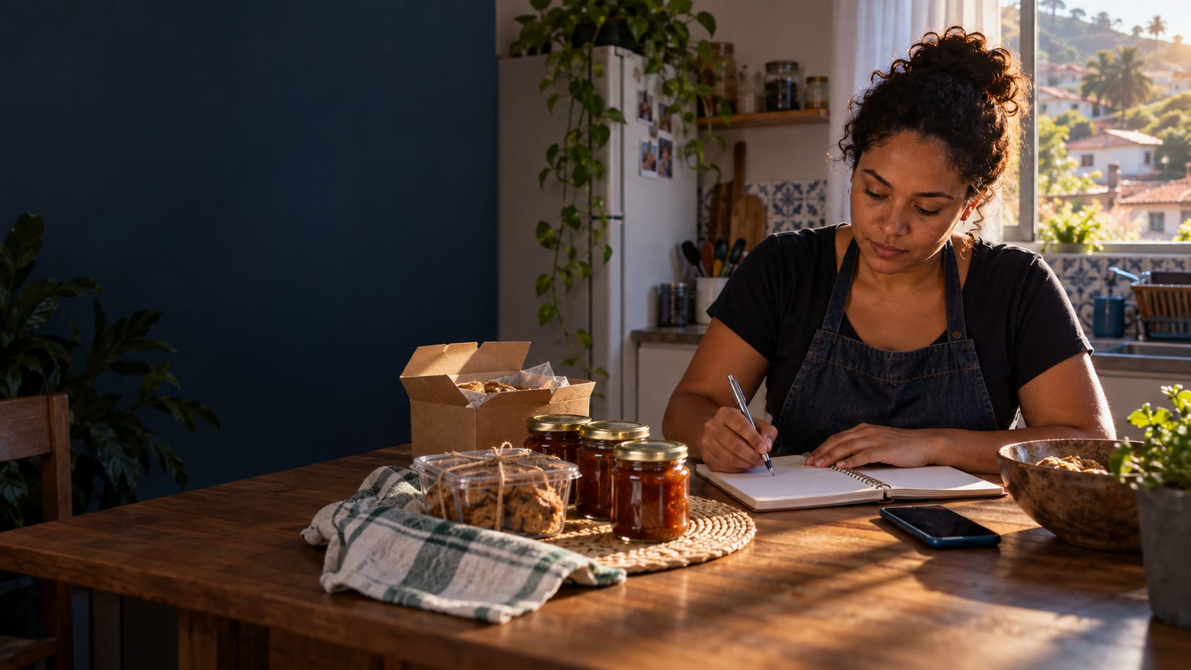 Empreendedora organizando produtos e um plano simples em casa