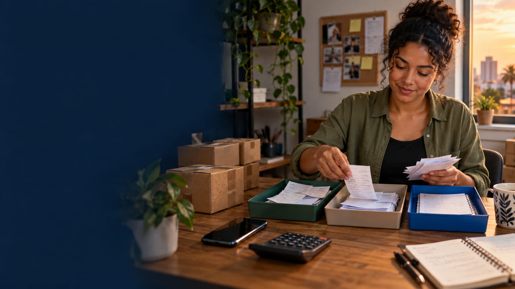 Empreendedora organizando pedidos, recibos e planejamento