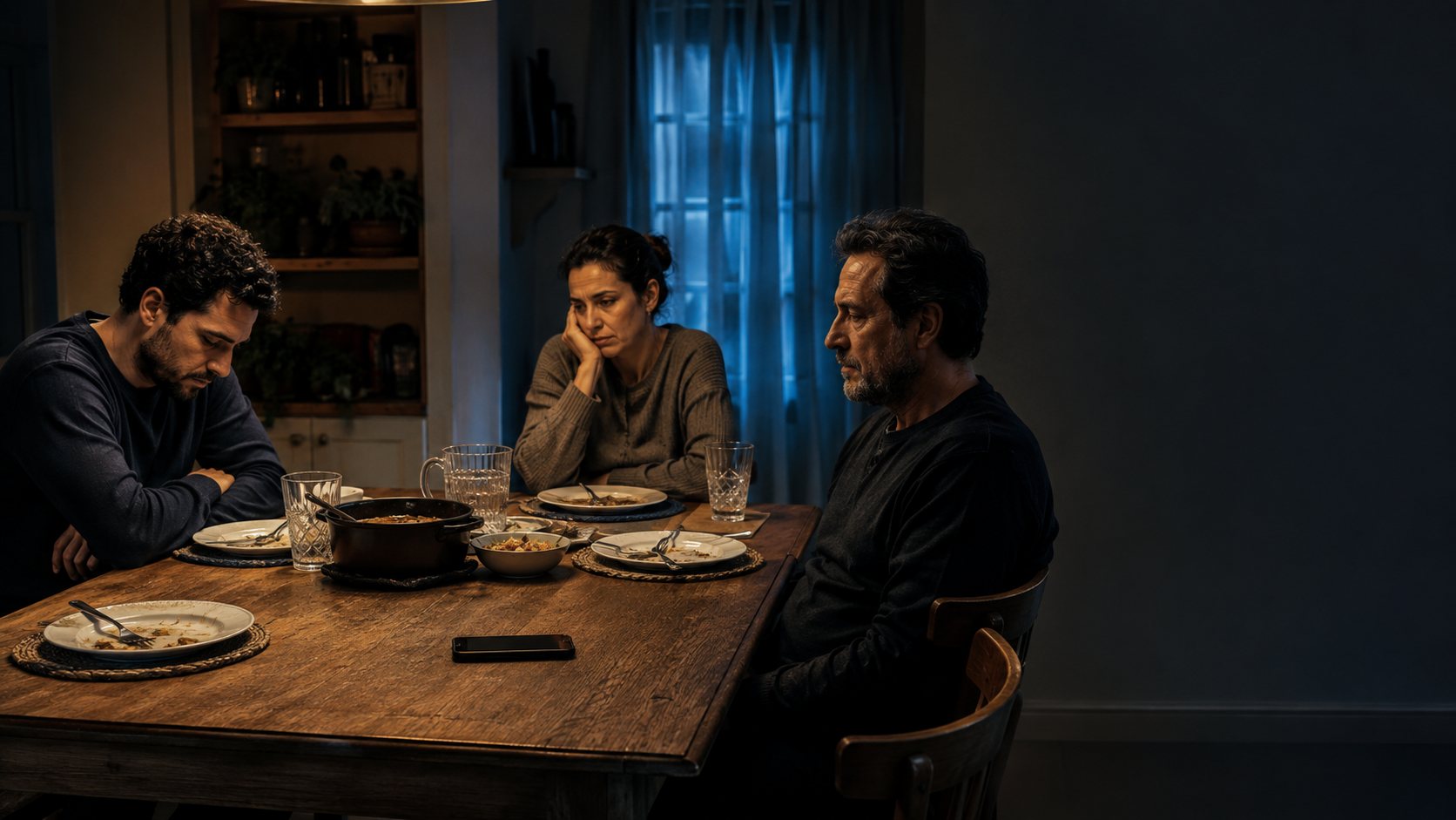 Família adulta em silêncio ao redor da mesa