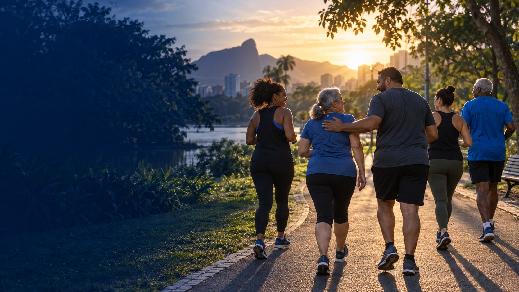 Grupo diverso caminhando junto em um parque ao amanhecer