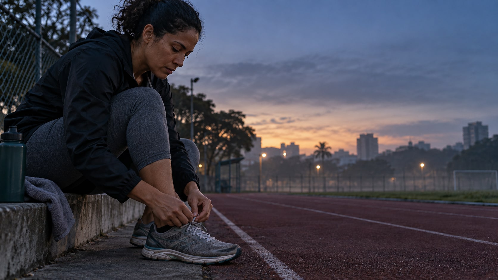 Mulher amarrando o tênis em uma pista pública antes do amanhecer
